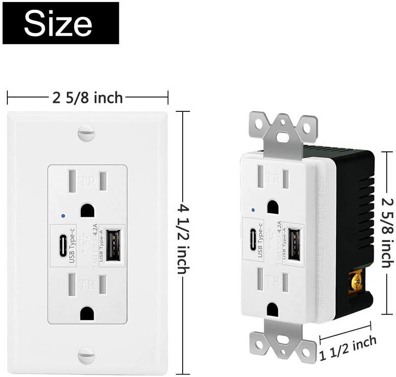 2PK 4.2A Dual USB Type-C Type-A Wall Outlet 15A Power Charger Duplex Receptacle gallery
