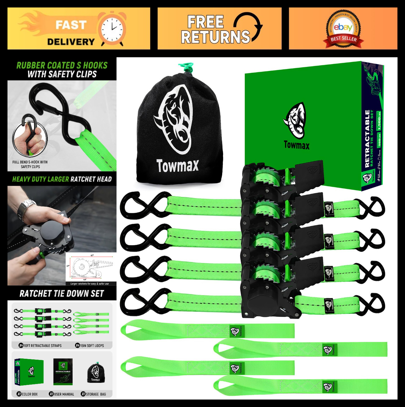 4 Pack Retractable Ratchet Straps 1in x 10ft - 1500 lbs Tie Down Straps with Sof gallery