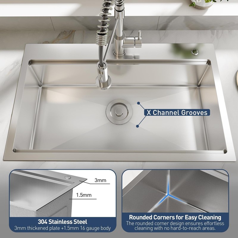 Drop in Kitchen Sink with Pull Down Spring Faucet 30x18x9 Inch Single Bowl gallery