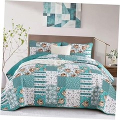 Quilt Set Size Patchwork Floral Bedspread Coverlet, Soft Microfiber Queen Teal