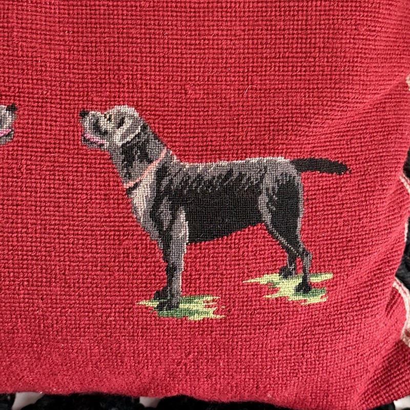 Needlepoint Tassel Labrador Throw Pillow 18"x14" Wood Red Black Dog Vintage Zip gallery
