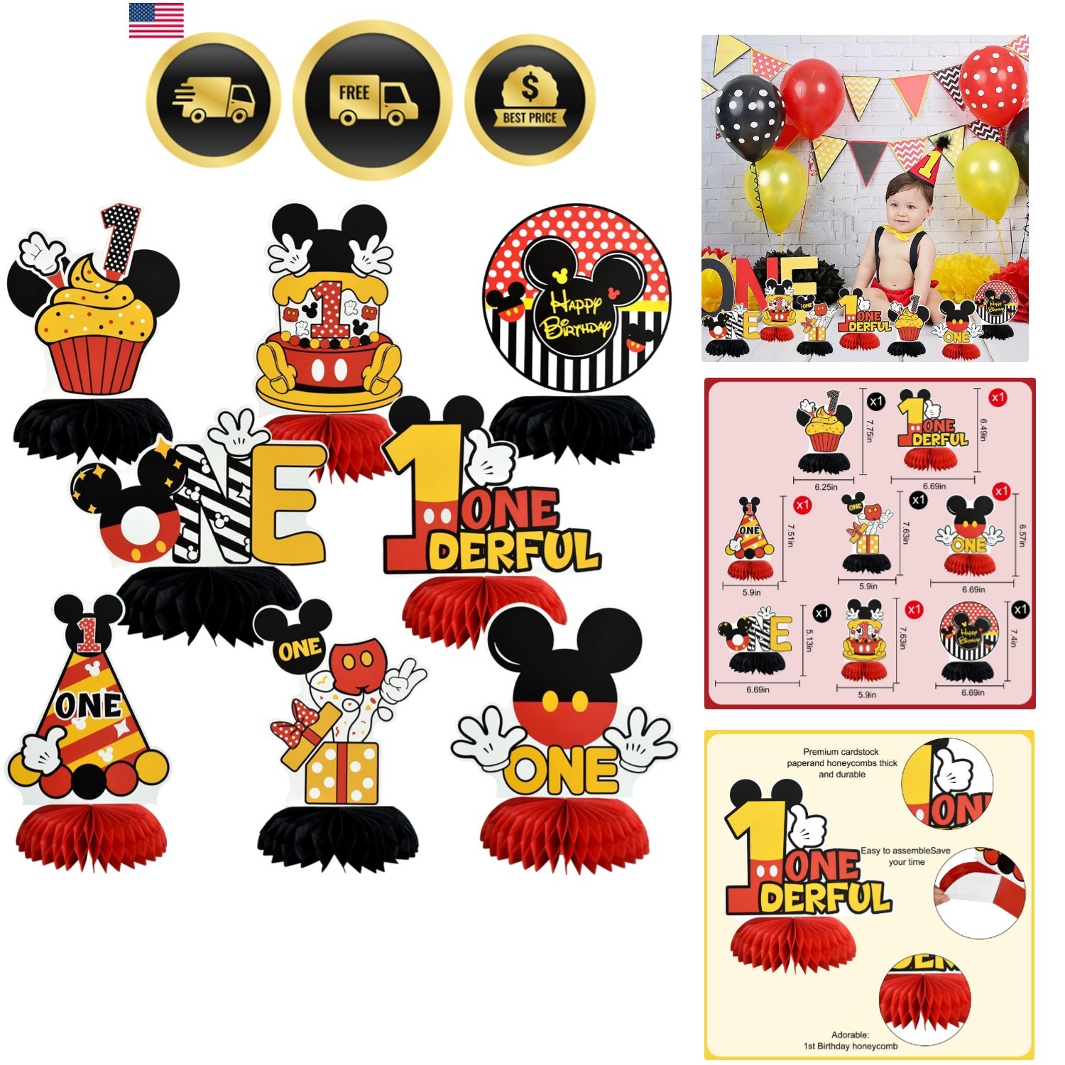1st Birthday Black Red Yellow Mouse Themed Table Honeycomb Centerpieces, Red ... gallery