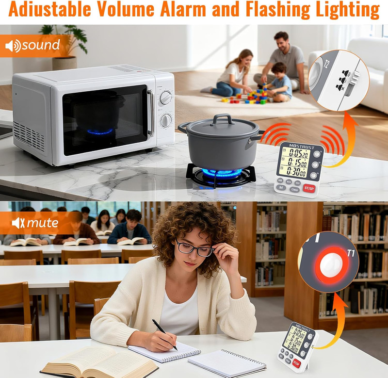 Digital Dual Kitchen Timer, 3 Channels Countdown Triple Timer for Cooking, Magne gallery