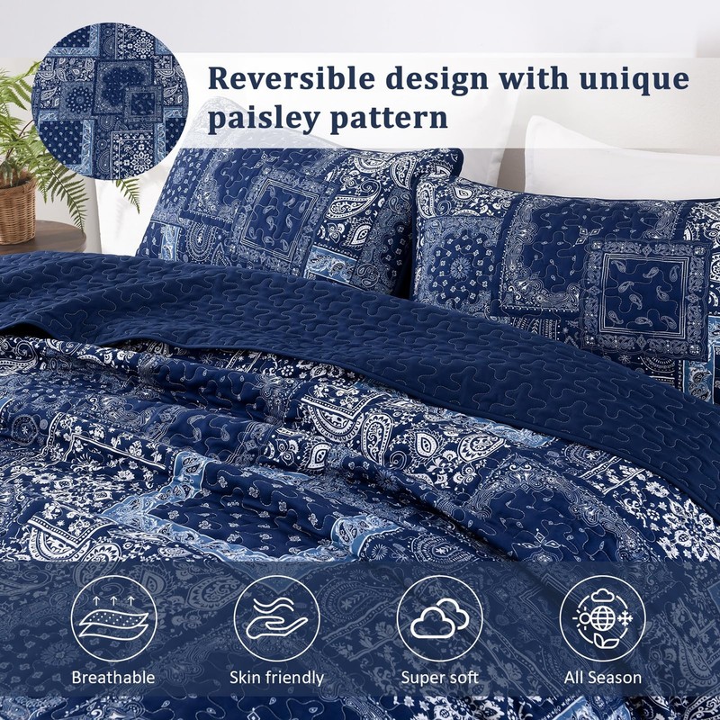 Blue Patchwork Quilt Set Queen Size,Boho Navy Blue Quilt Set,Paisley Farmhouse B gallery