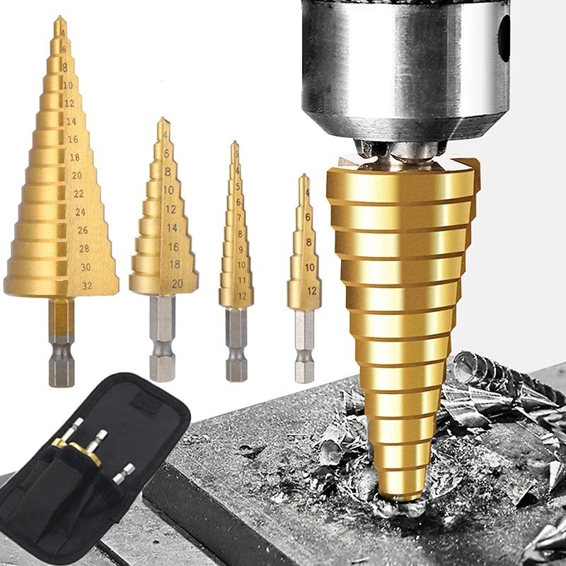3pcs/Set Titanium Step Cone Drill Hole Cutter Bit HSS Large Set Tool With Pouch gallery