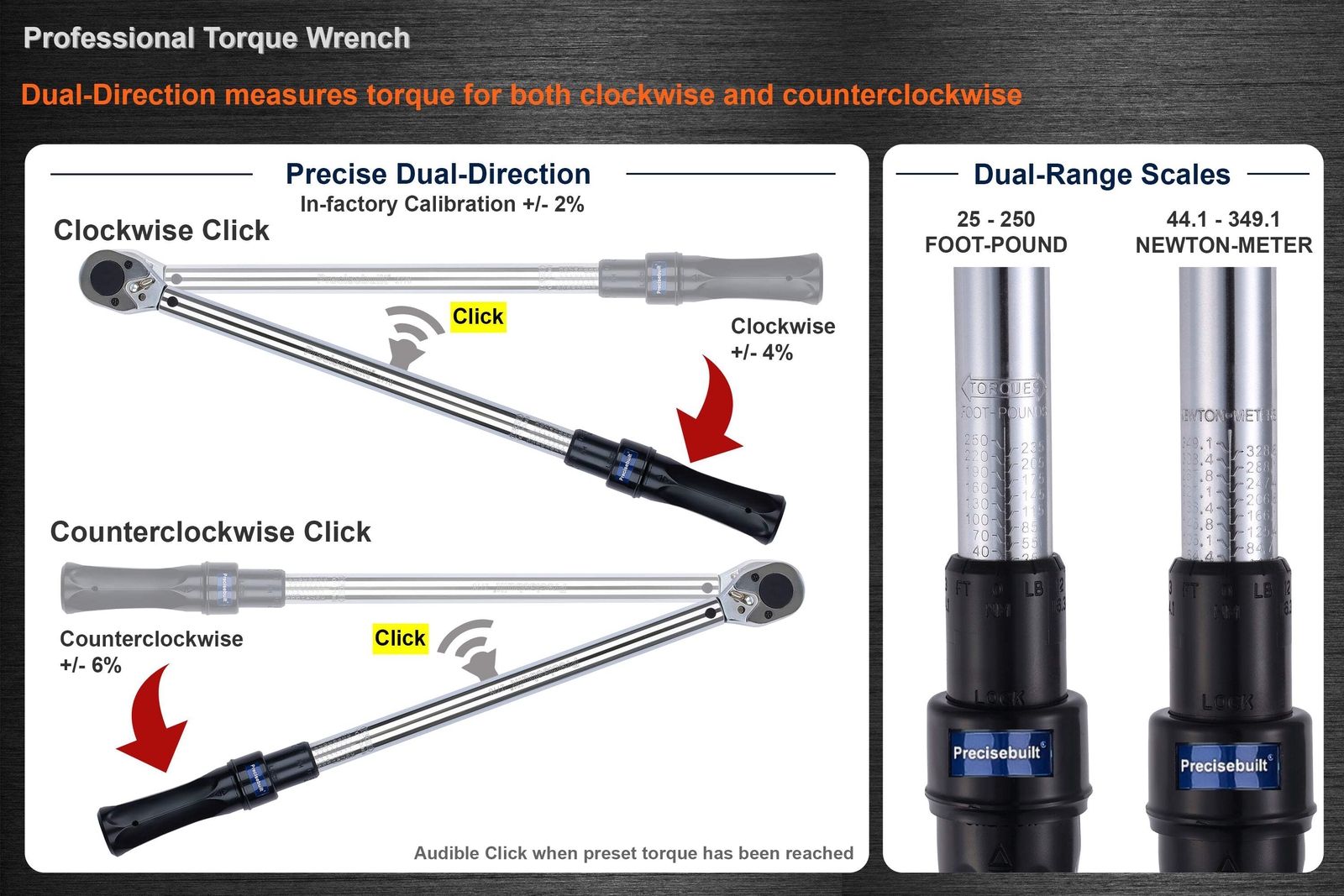 Precisebuilt 1/2" Drive 25-250 ft-lb (Nm) Dual-Direction Click Pro Torque Wrench gallery