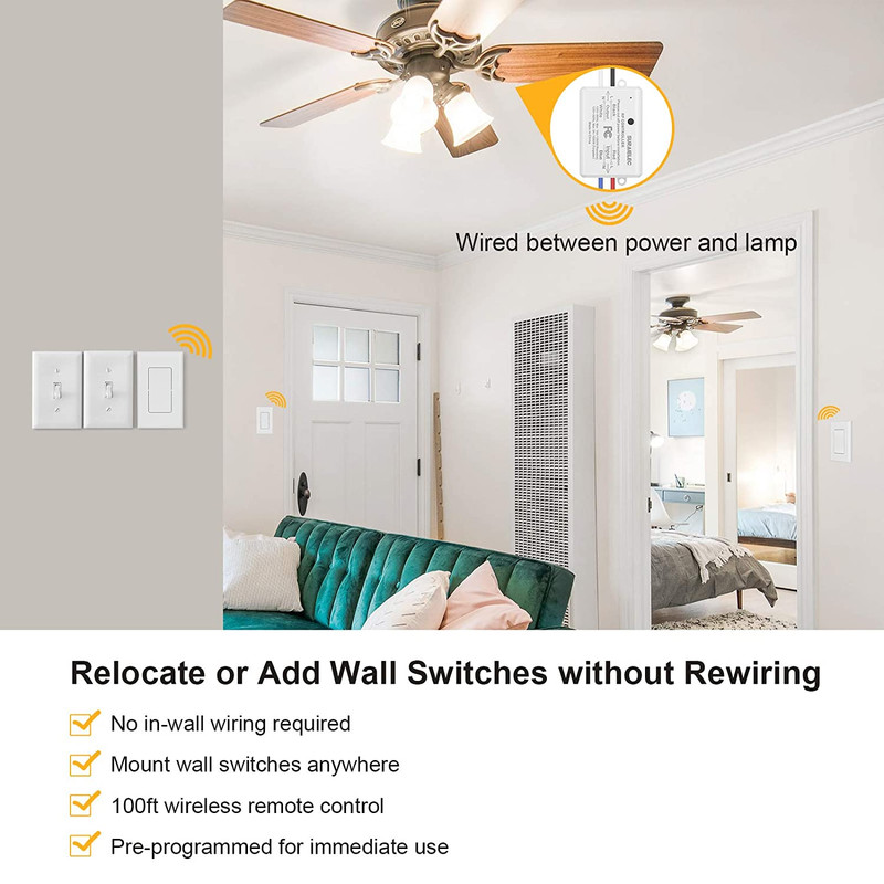 3 Way Wireless Light Switch, No Wiring, No Wifi, 100Ft RF Range, Pre-Programmed, gallery