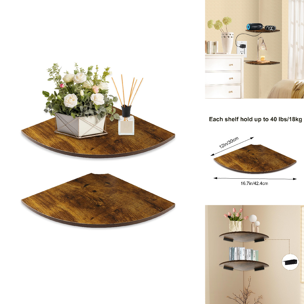 Jjl Corner Shelves 12 Inch Deep Corner Shelf Wall Mounted Wire Hole 2 Tier gallery
