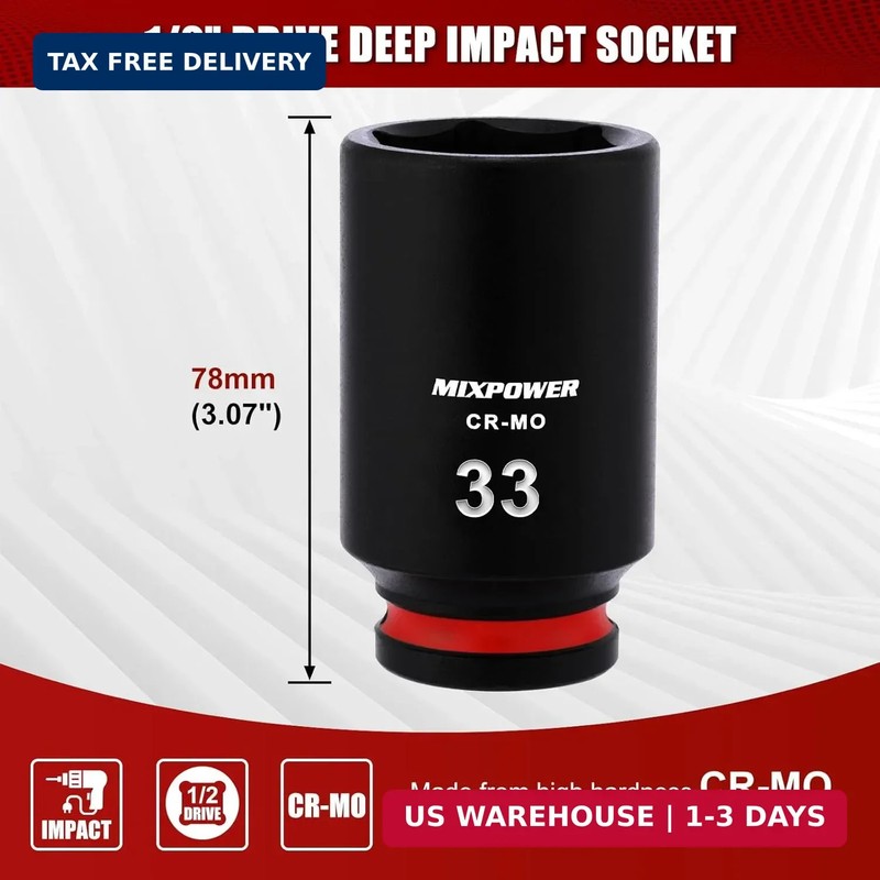 MIXPOWER 1/2" Drive Deep Impact Socket, CR-MO, 33mm, Metric, 6 Point, Axle Nut I gallery