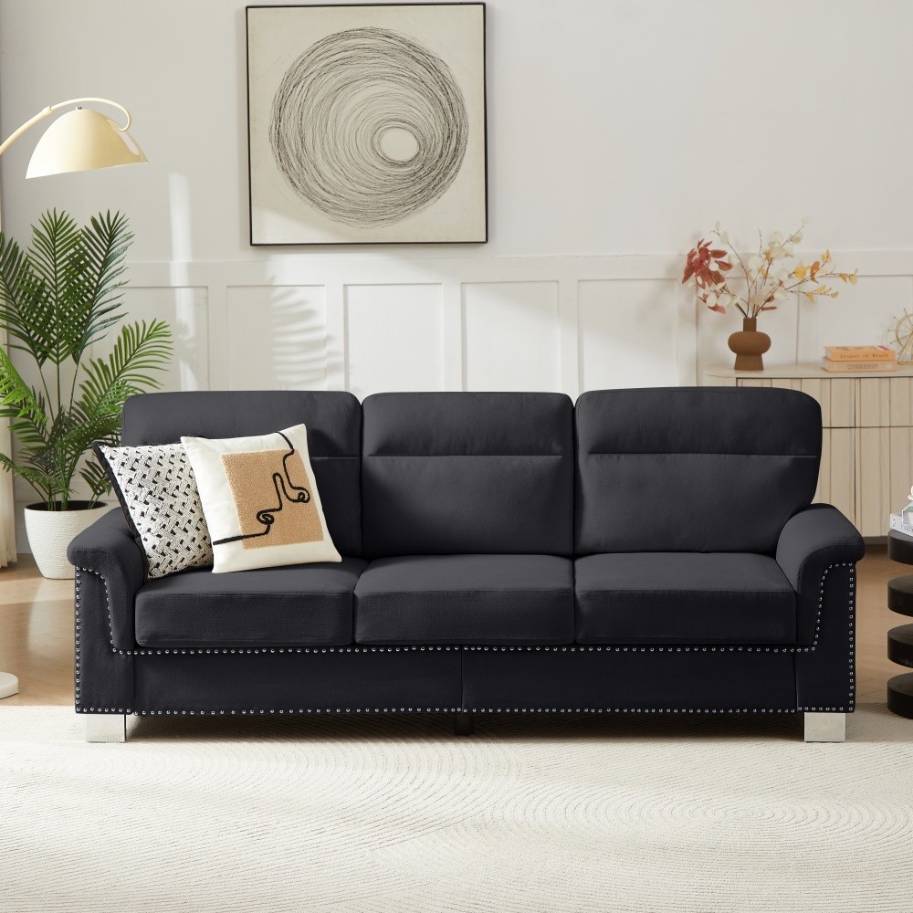 82" Compressed Snowfleece Fabric 3-Seater Sofa for Living Room Office Black gallery