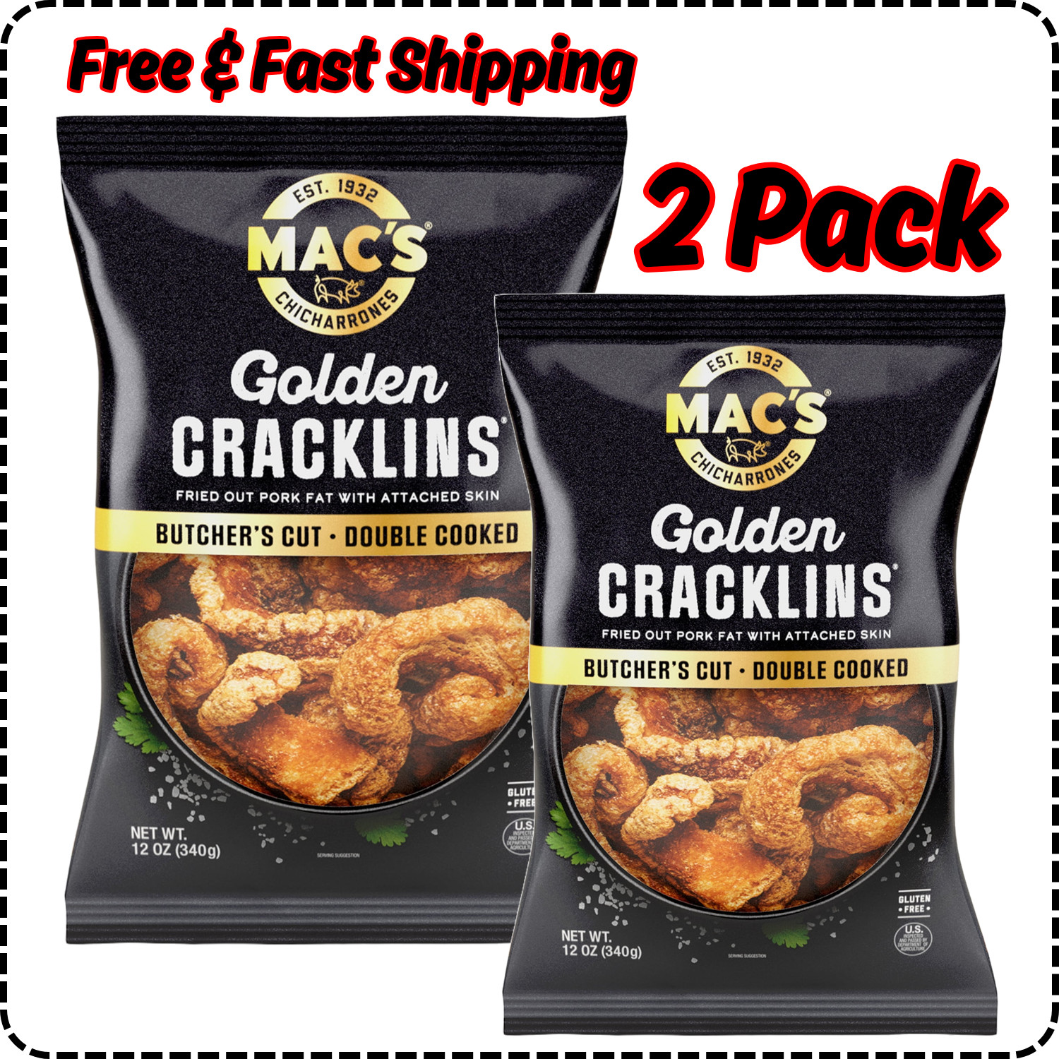 Mac's Chicharrones Golden Cracklin Curls, Fried Pork Fat with Skin, 12 oz, 2Pack gallery
