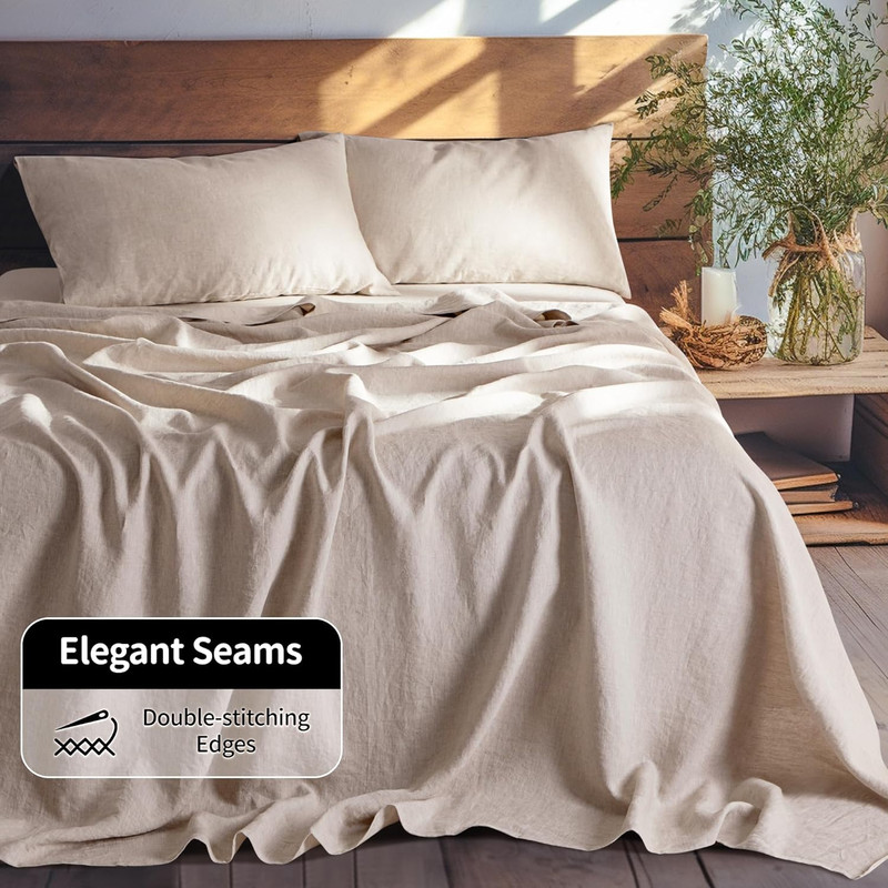 LBR02M 100% Linen Sheet Set Queen Size, Bed Sheets 4 Piece Sets, Solid Color Nat gallery