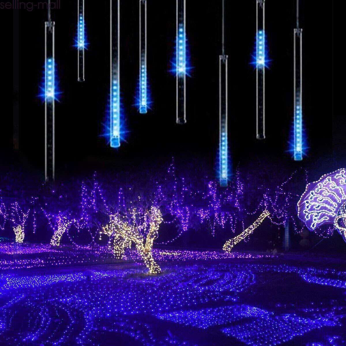 LED Meteor Shower Lights Outdoor Falling Rain Drop Icicle String Waterproof Blue gallery