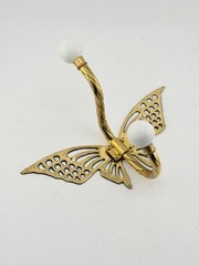 NOS Vintage Brass Butterfly Double Wall Hook White Ball Taiwan