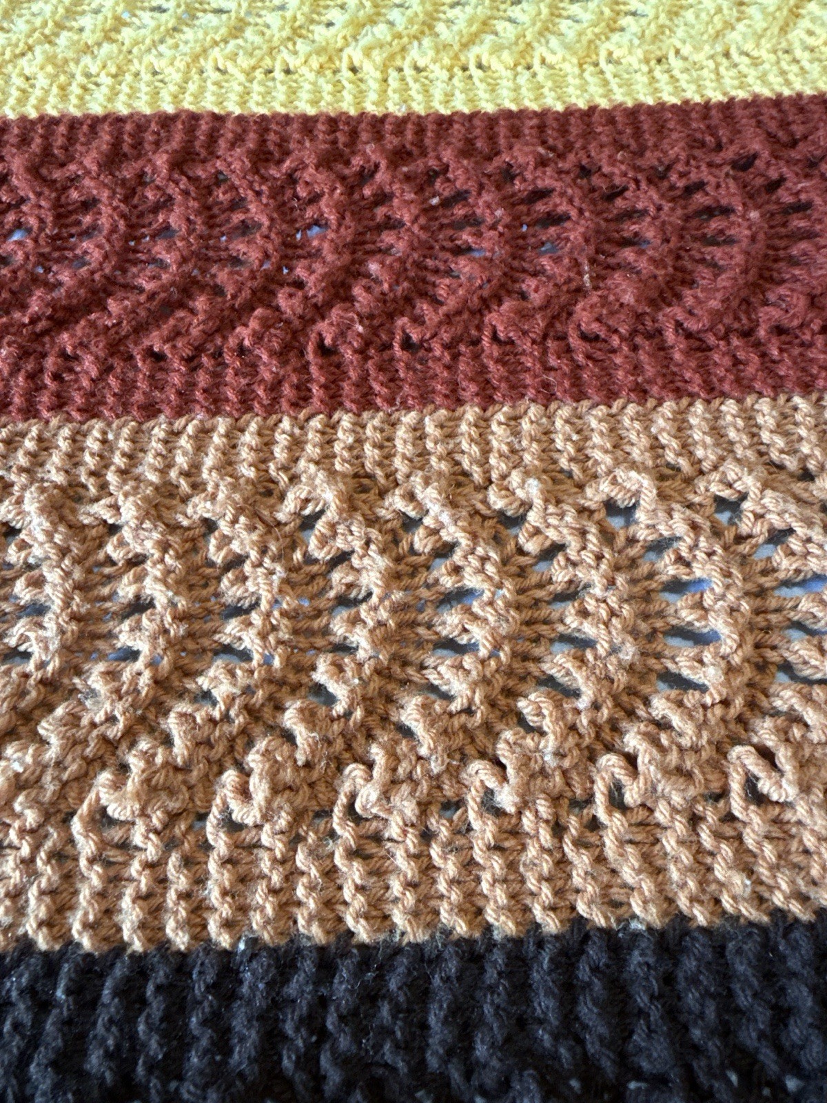 Vtg Fall Colors Crochet Afghan Shell Wave Pattern 1970s Yellow Tan Brown 61x72” gallery