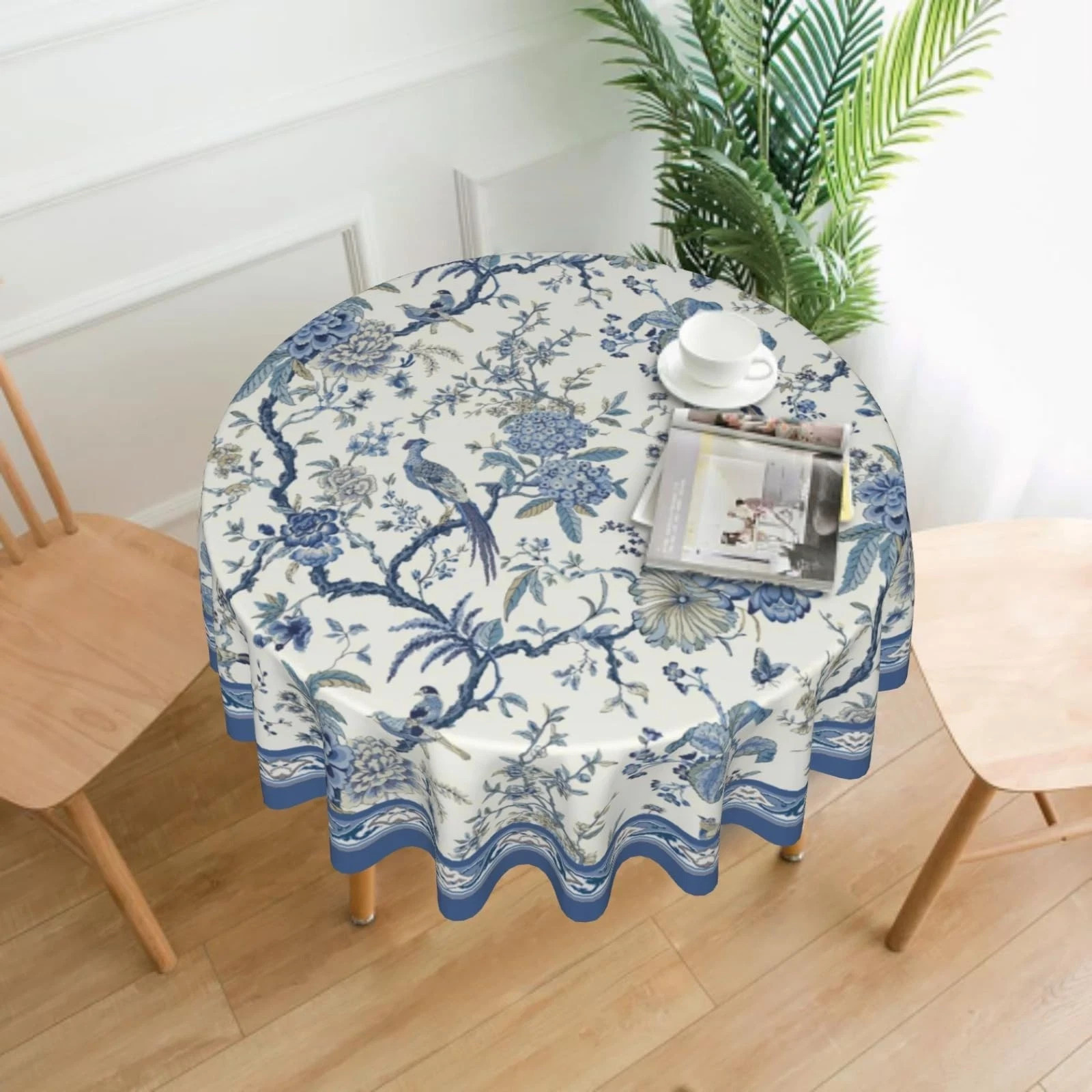 Chinoiserie Tablecloth Round 60Inch, Blue White Flowers Birds Table Cloth, Cl... gallery