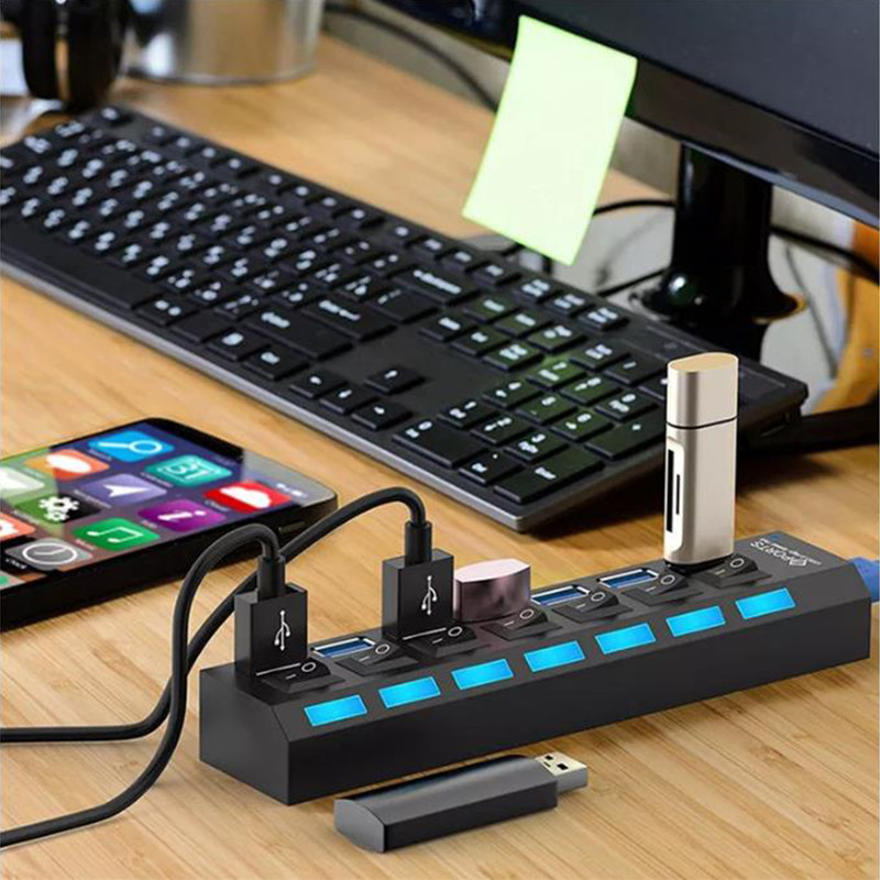 USB 3.0 Hub 7 Port On/Off Switch High Speed Splitter AC Adapter Cable PC Laptop gallery