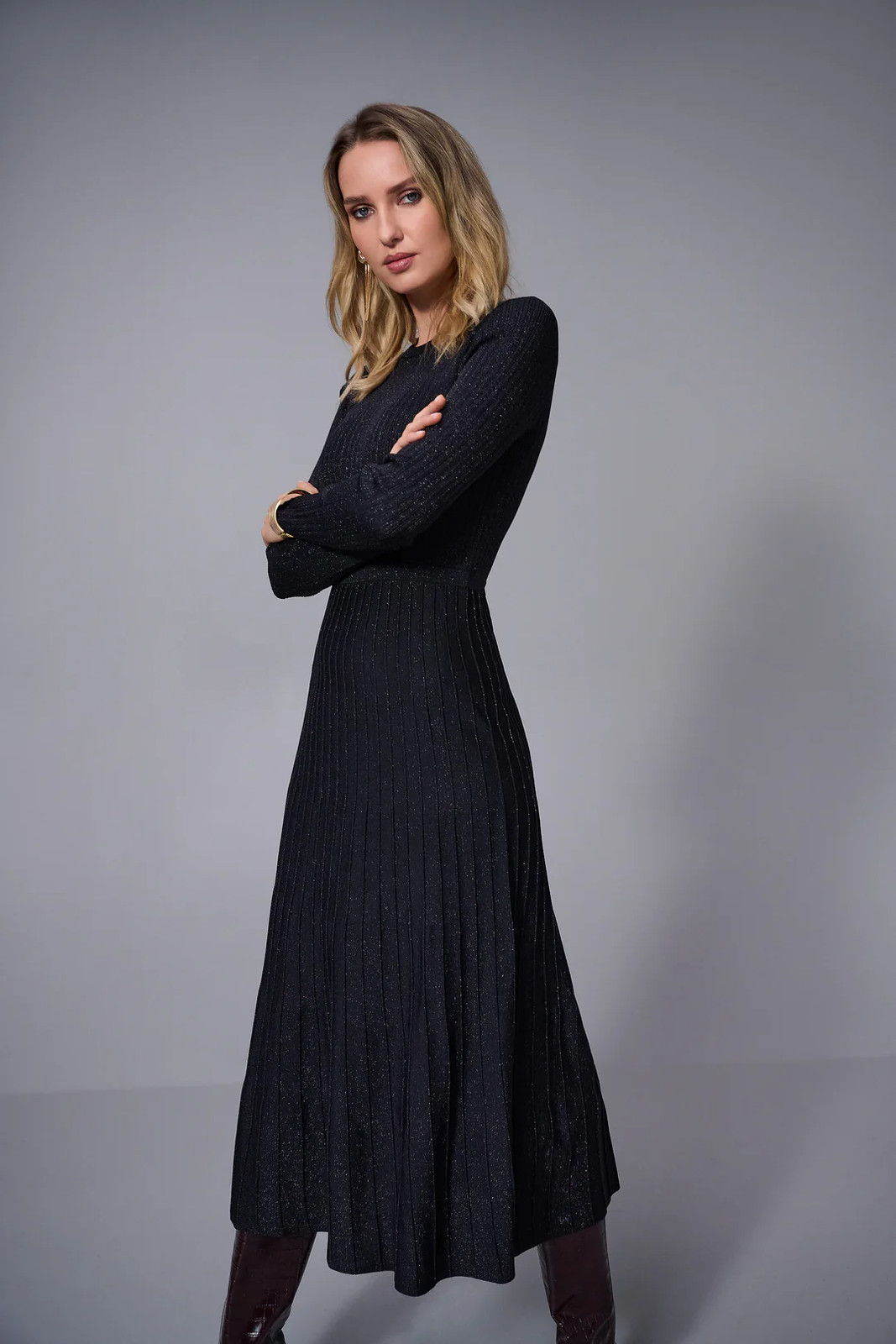Joseph Ribkoff Black Crew Neck Long Sleeve Fit and Flare Dress 253987 gallery