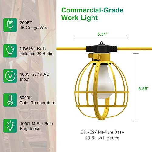 Construction String Lights, 20 Bulbs 200W 21000LM Work Lights with 20 200FT gallery