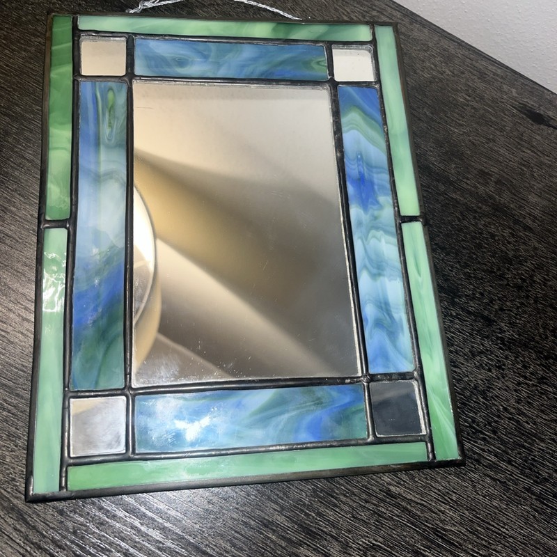 Vtg Stained Glass Mirror Rectangular Wall Hanging Handmade Decor 7x9 Blue/Green gallery