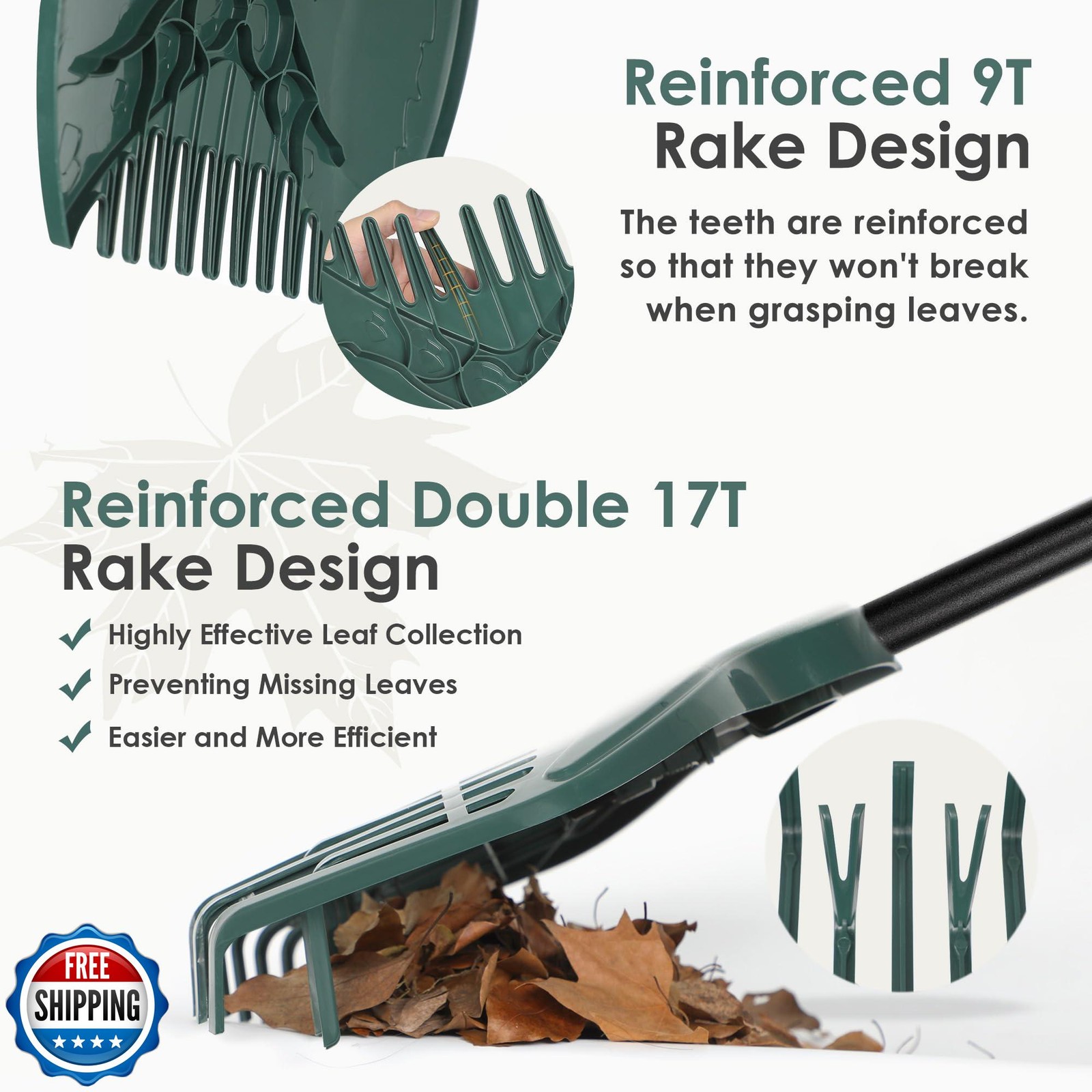 ORIENTOOLS 17Tines Double Row Garden Rake Set with 9Tines Leaf Hand Rakes, 27 gallery