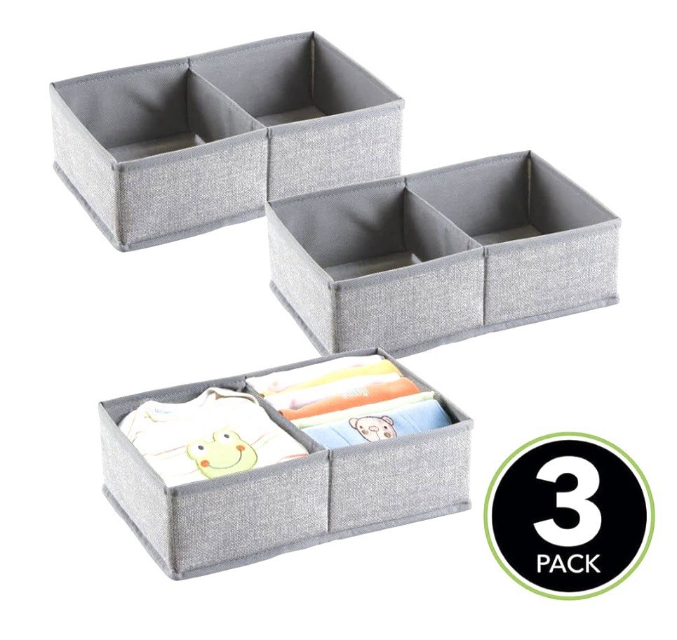 mDesign Soft Fabric 2 Section Drawer or Closet Organizer Gray 3 Pack NEW in Bag