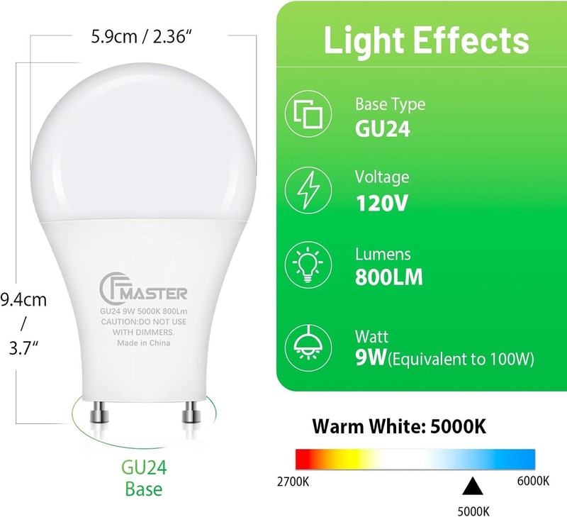 GU24 LED Light Bulb, 5000K Daylight, 9W100W Equivalent, 800 Lumens, A19 Shape... gallery