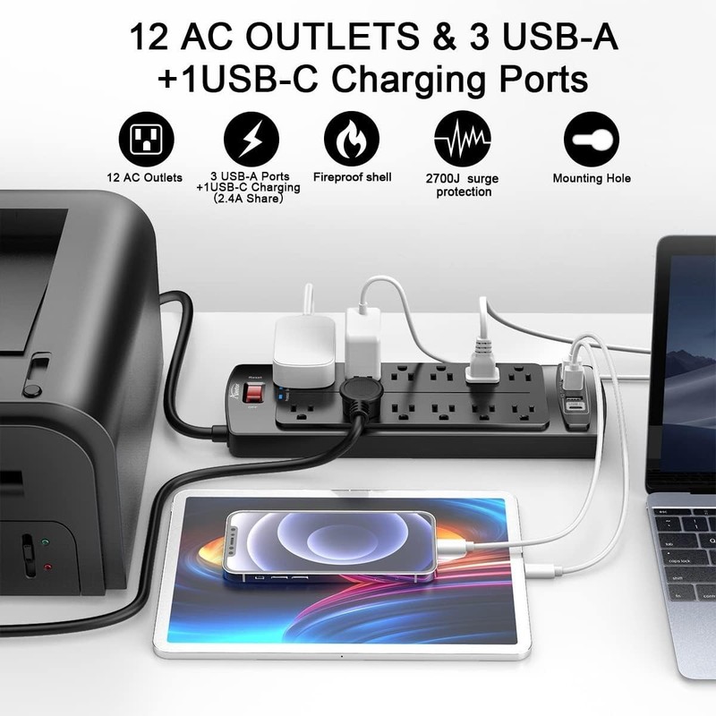 Advanced 12 Outlet Surge Protector with 4 Smart USB Ports - 2700 Joules Safety gallery