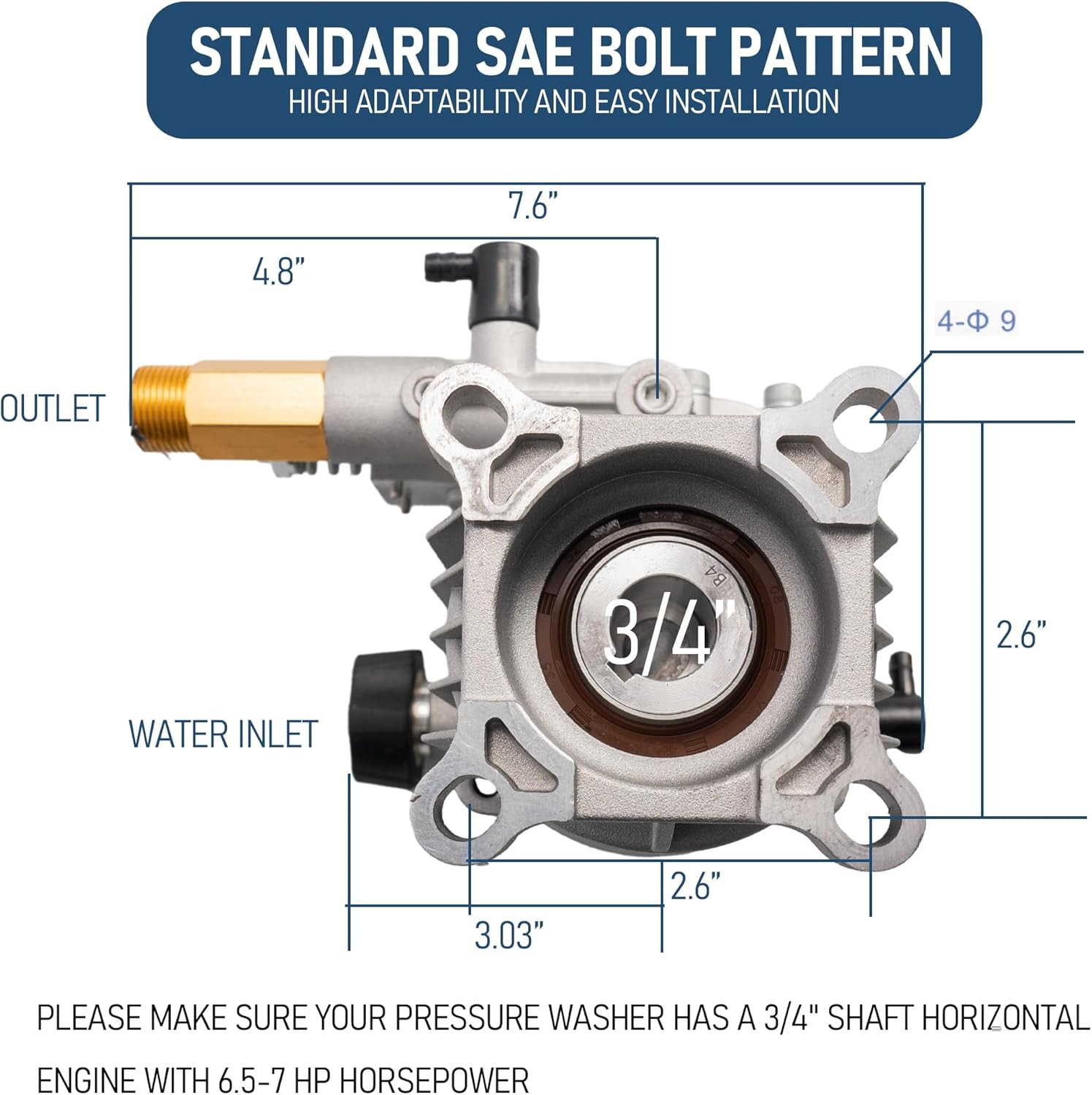 3/4" Shaft Horizontal Pressure Washer Pump, 3400PSI 2.5GPM, Replacement Pump for gallery