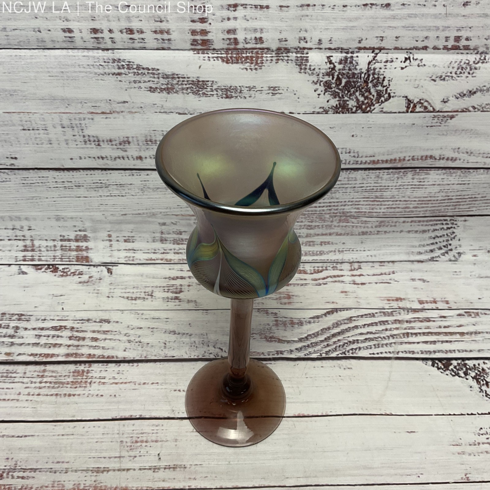 Stuart Abelman Signed Iridescent Pulled Feather Art Glass 9" Goblet 1980 gallery