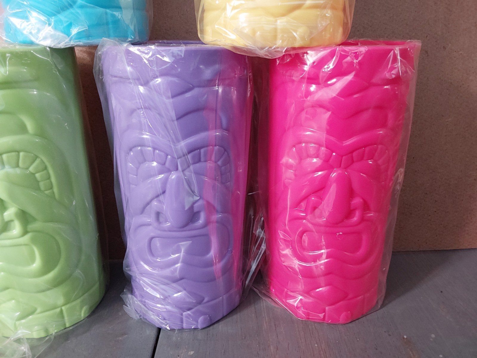 Tiki Cups Plastic Party Cups 6 Set 7'' Tall Orange Blue Yellow Purple Green Pink gallery