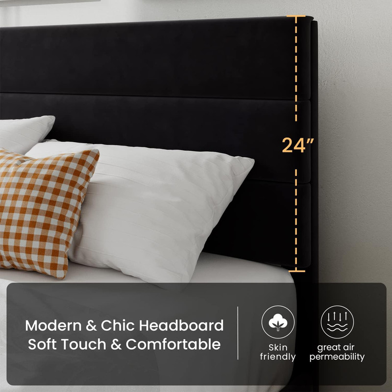 SHA CERLIN King Platform Bed Frame with Velvet Upholstered Headboard, Mattress F gallery