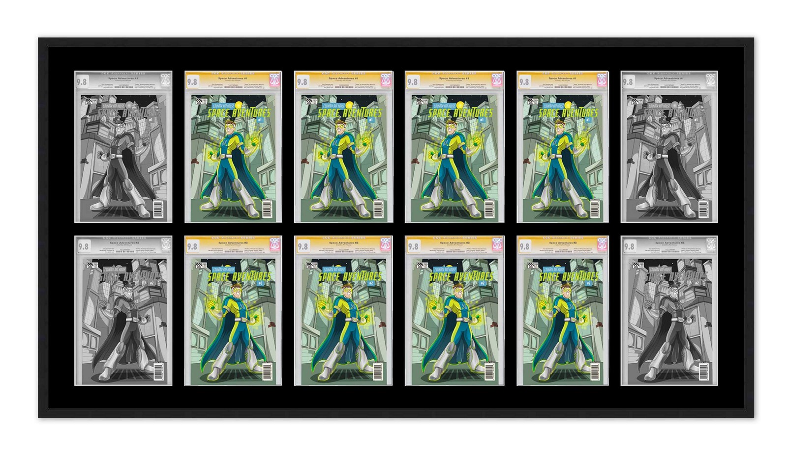 Black Comic Book Frame w/ Black Mat To Display 12 Graded Comics Horizontally gallery