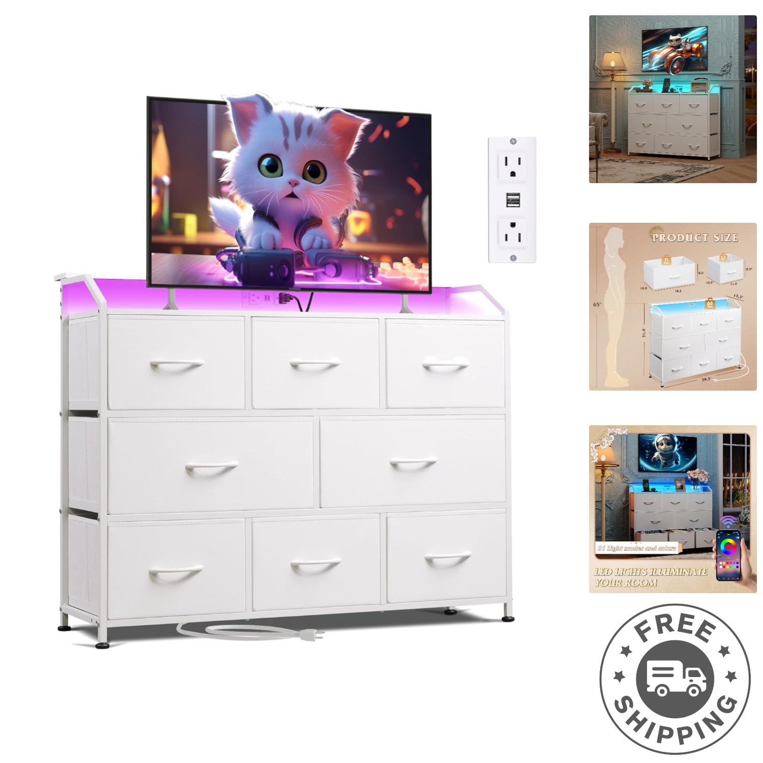 Sturdy Fabric Dresser with Customizable LED Lights & USB Ports - Easy Assembly gallery