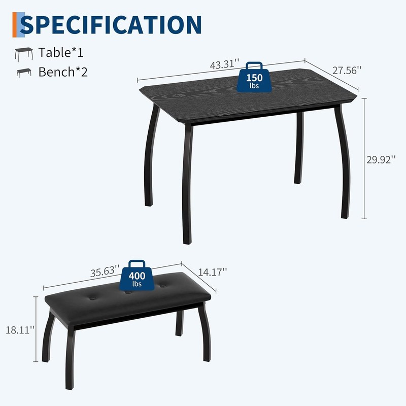 3 Pcs Dining Table Set with 2 Bench, Space Saving Kitchen Dining Room Furniture gallery