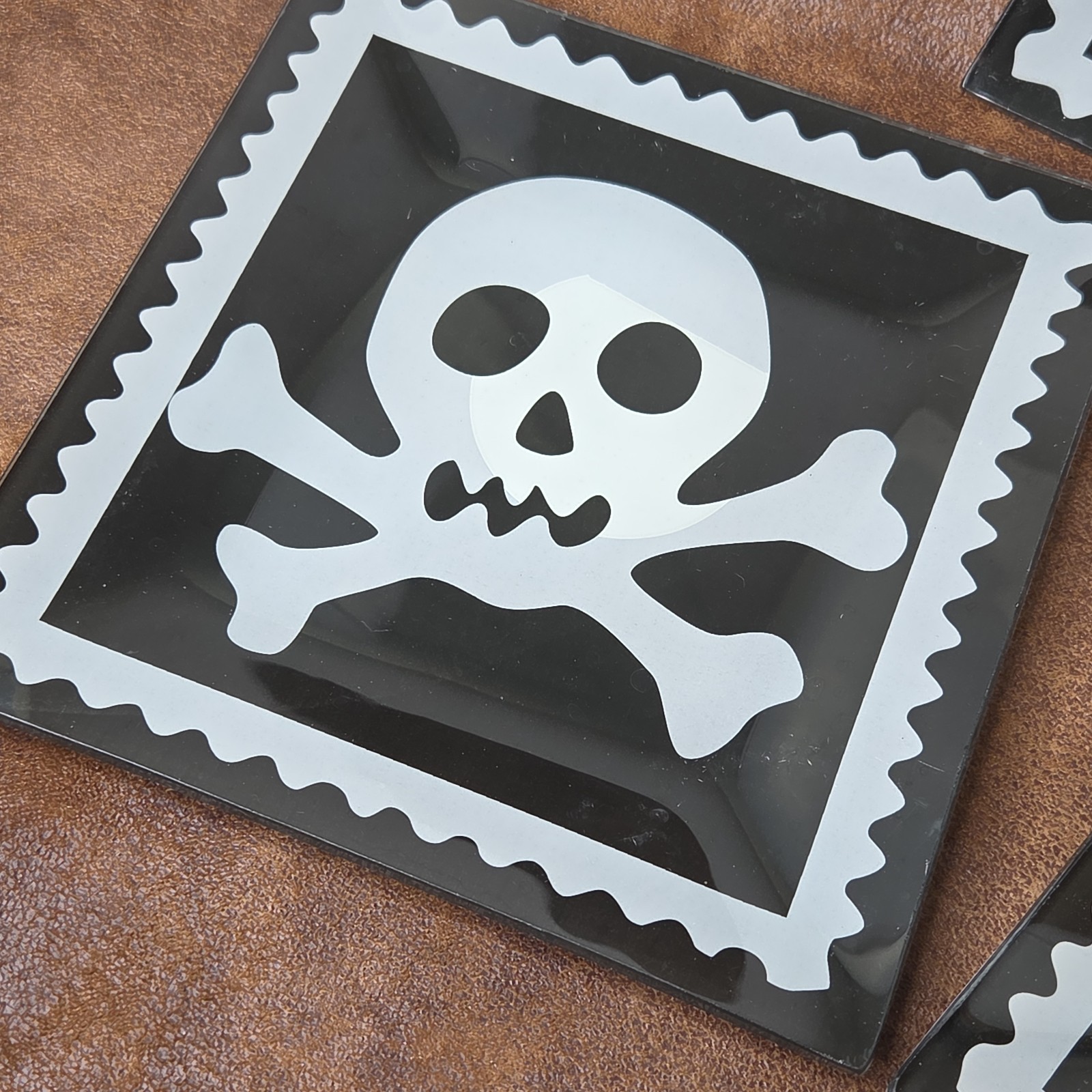 Skull And Crossbones Glass Plates Square Halloween Pirate Serving 6" Lot of 3 gallery