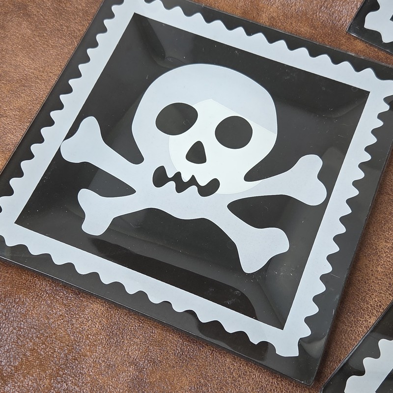 Skull And Crossbones Glass Plates Square Halloween Pirate Serving 6" Lot of 3 gallery