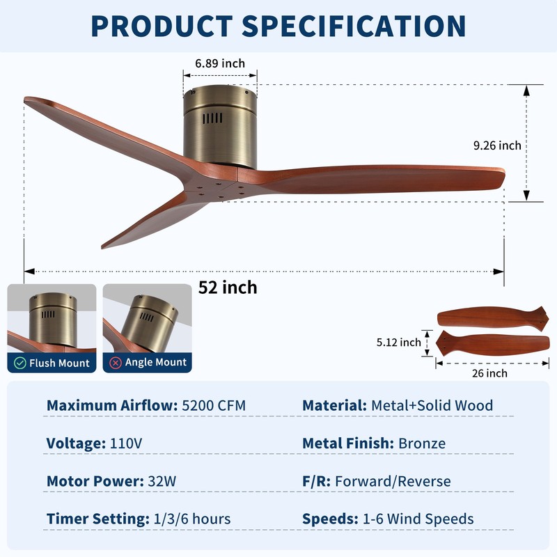 52" Solid Wood Flush Mount Ceiling Fan, Bronze, Reversible DC Motor gallery