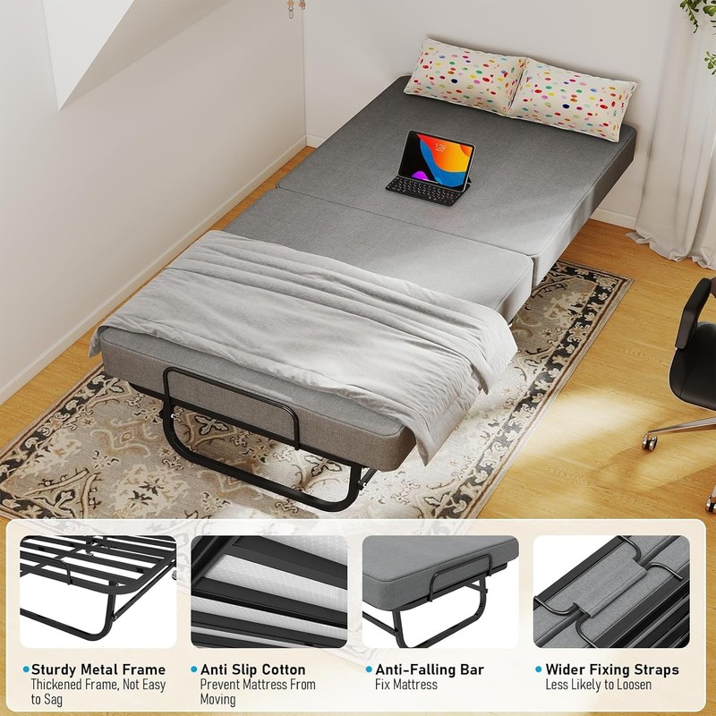 Portable Folding Bed with Memory Foam Mattress Rollaway Metal Frame Guest Bed gallery