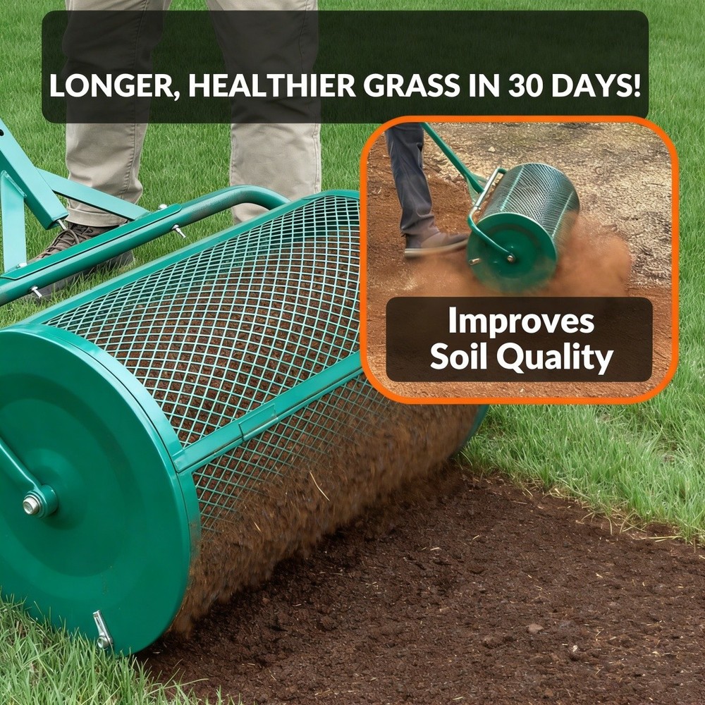 Compost Peat Moss Spreader 24 in Roller Metal Mesh T Handle Lawn Garden Care