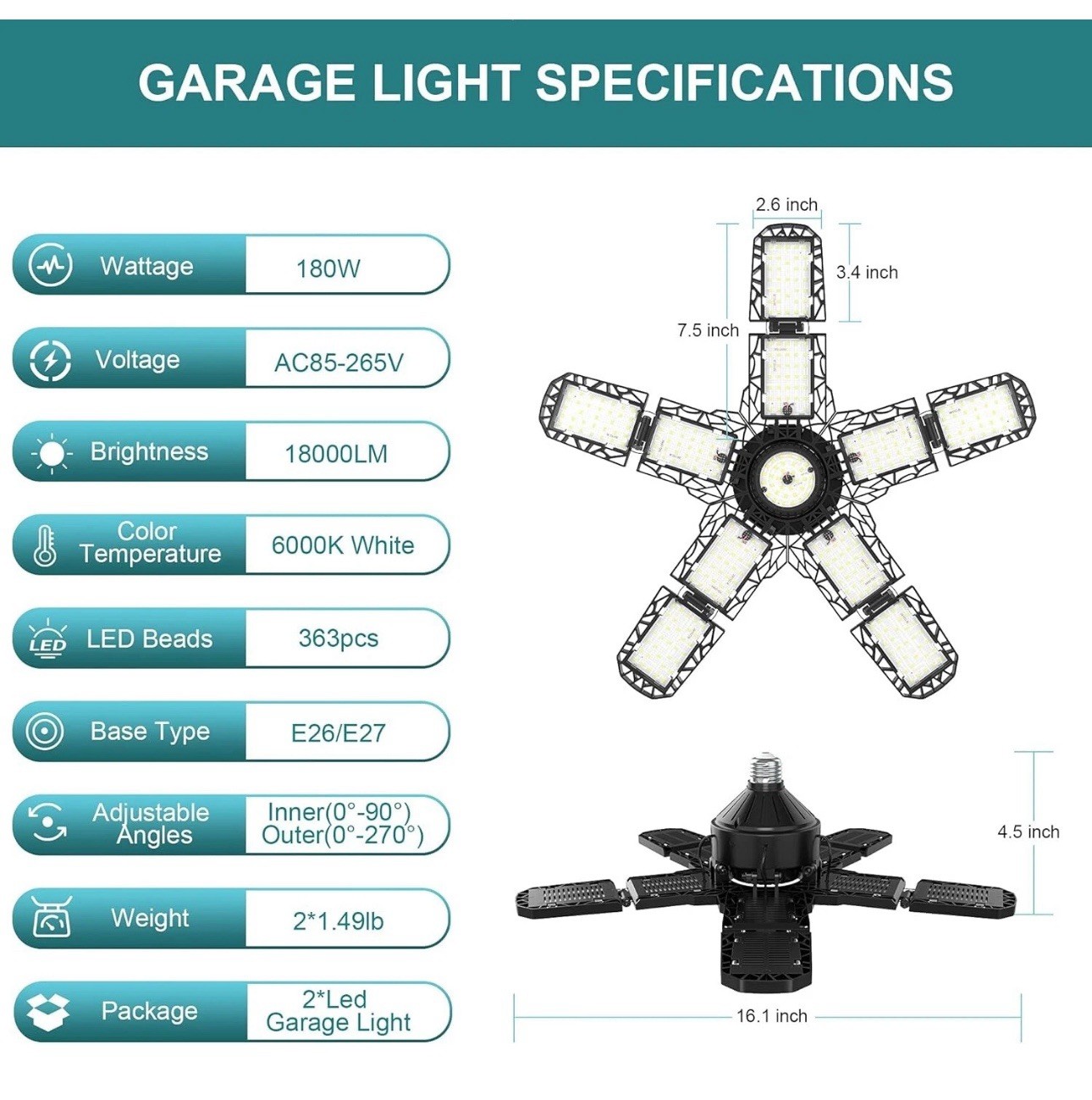 Garage Light- 2 Pack LED Bulb - Super Bright Shop Ceiling Lights Deformable gallery