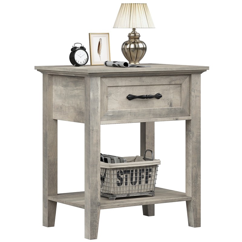 Rustic Grey Nightstand With A Storage Drawer And Shelves Wooden Side Table New gallery