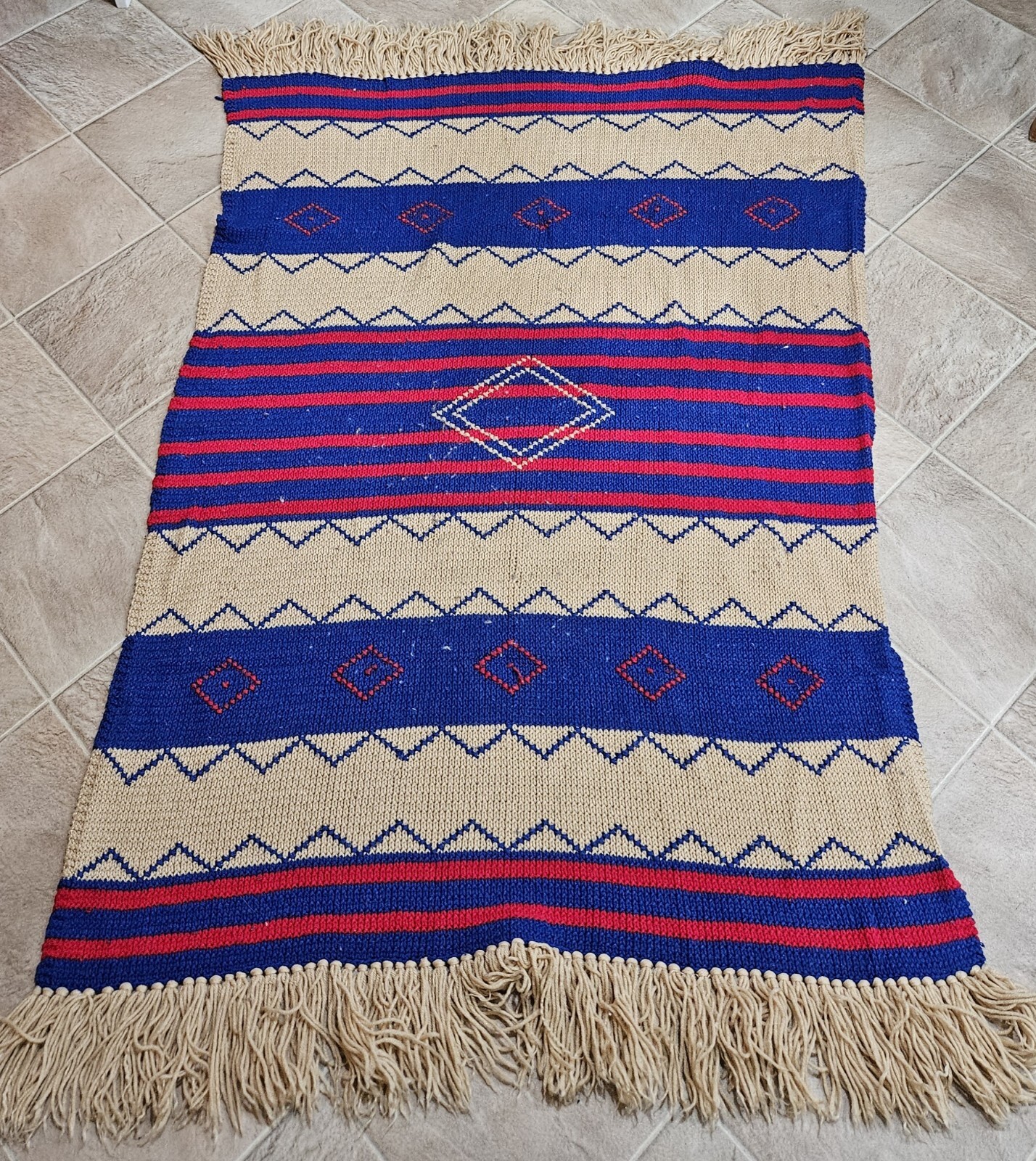 Vintage Crocheted Country Throw Blanket Tan Red Blue With Fringe Western 47 × 33 gallery