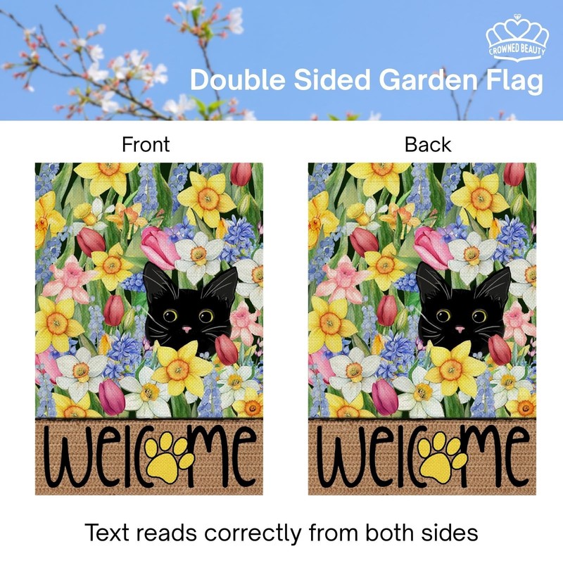 Spring Summer House Flag Black Cat Double Sided 28X40 Inches Large Burlap Welcom gallery