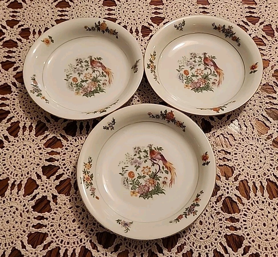 BOHEMIA CERAMIC WHITE SET OF 3 PHEASANT AND FLORAL COUPE SOUP BOWLS. 1921-1945 gallery