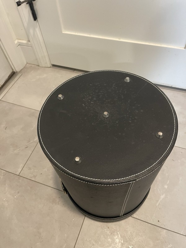 Vintage Black Round Leather Storage Bin 15” X 11 1/2” Velvet Lined Hard Shell gallery