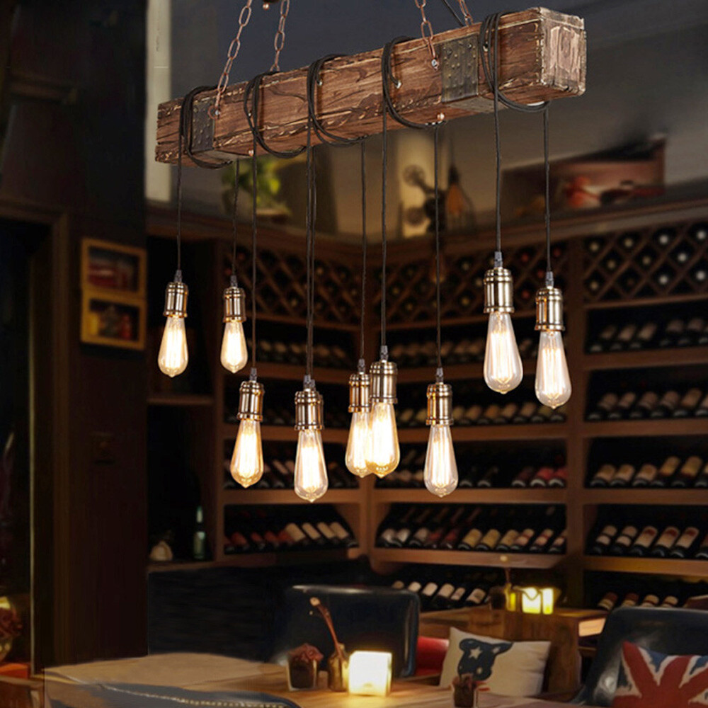 10-Lights Wooden Rustic Pendant Light Industrial Lamp Distressed Wood Chandelier gallery