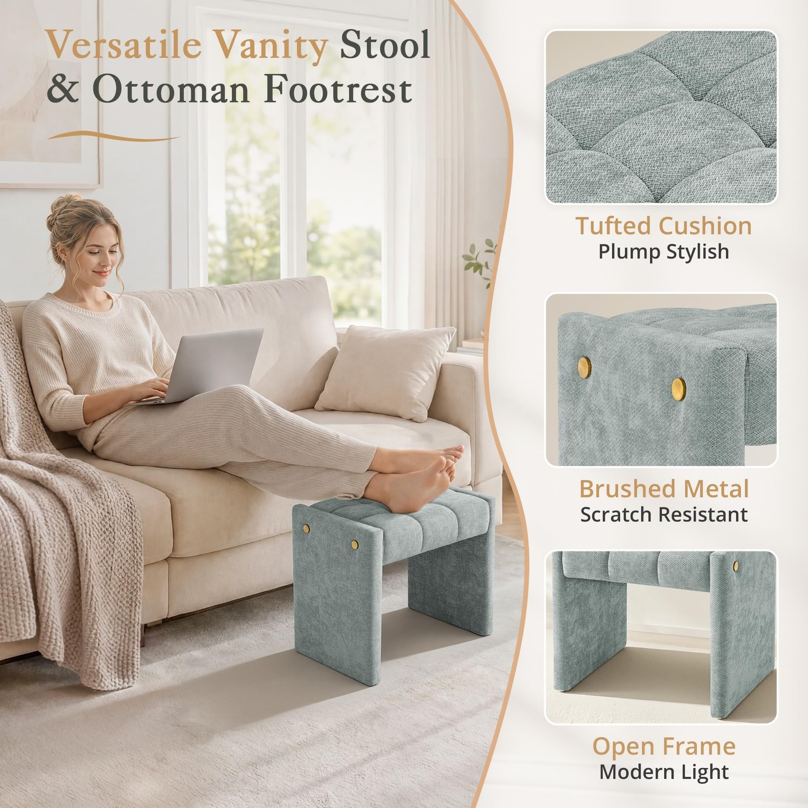 LUE BONA Modern Grid Tufted Vanity Bench Stool, 4.33'' Thick Chenille Upholst... gallery