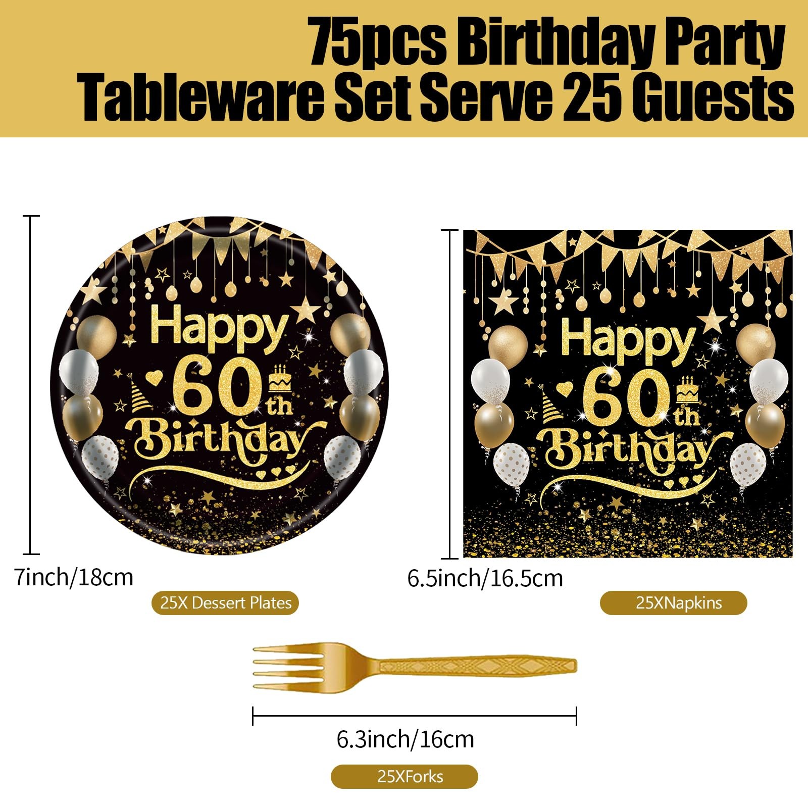 75pcs 60th Birthday Plates &Napkins Set, Black Gold Happy Birthday 25x7IN Dis... gallery