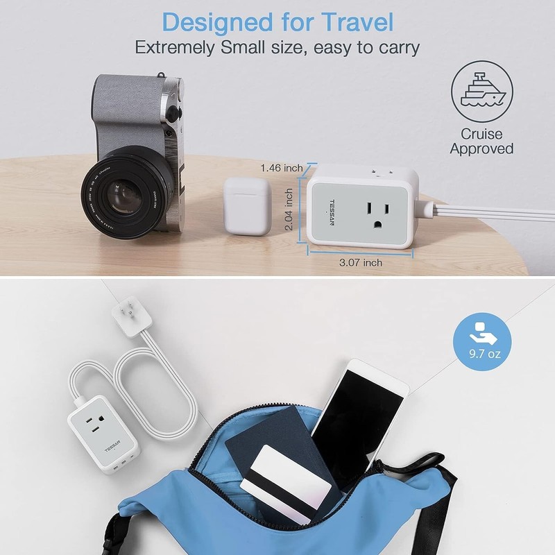 Thin Flat Plug Power Strip with USB 3 Outlet Slim Cord Portable for Travel Ship gallery